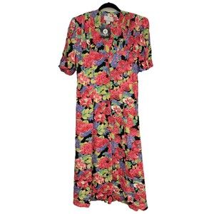 E.D. Michaels Melanie Drucker Dress Buttons Floral Print Short Sleeve Vintage